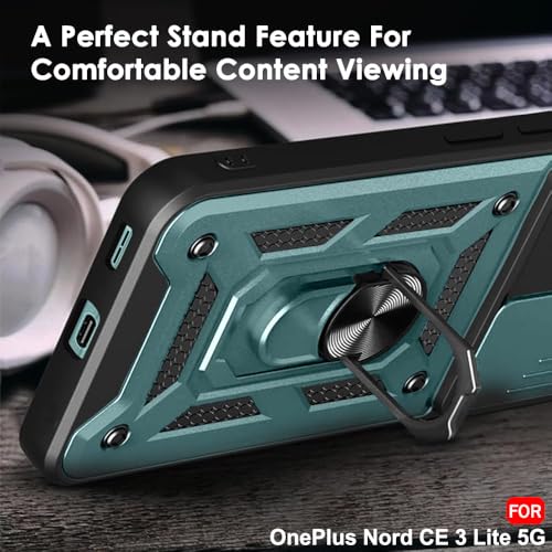 Image of TheGiftKart Tough Armor Bumper Back Cover Case for OnePlus Nord CE 3 Lite 5G | Ring Holder & Kickstand in-Built | 360 Degree Protection Back Cover Case (PC & TPU, Sliding Camera Cover, Green)
