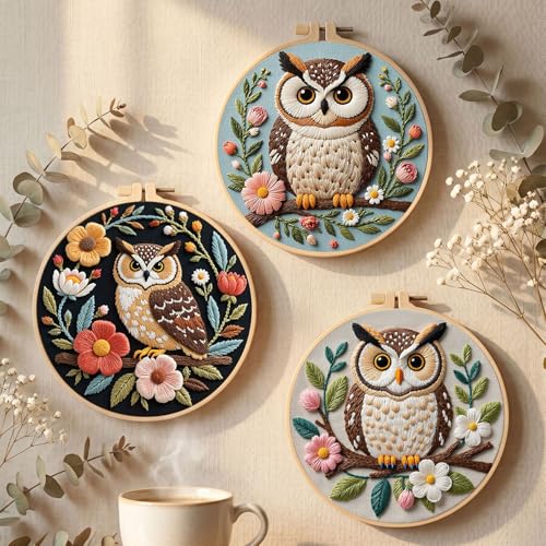 Image of Santune Embroidery Kit for Beginners Needlepoint Cross Stitch Kits Adult Needle Point Sets with Owl Embroidery Patterns, Includes Step-By-Step Instructions and Accessories