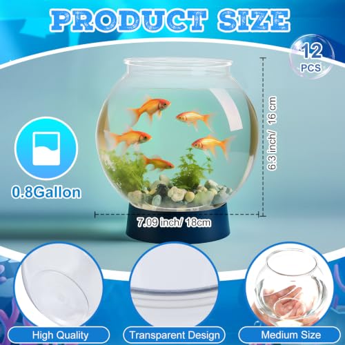 Image of Mifoci 12 Pcs Fish Bowl Plastic Fish Tank Clear 100 oz Goldfish Bowl Multipurpose Round Desktop Aquarium Transparent for Home Office Goldfish Turtle Candy Party Favors, 7.09 x 6.3 Inch