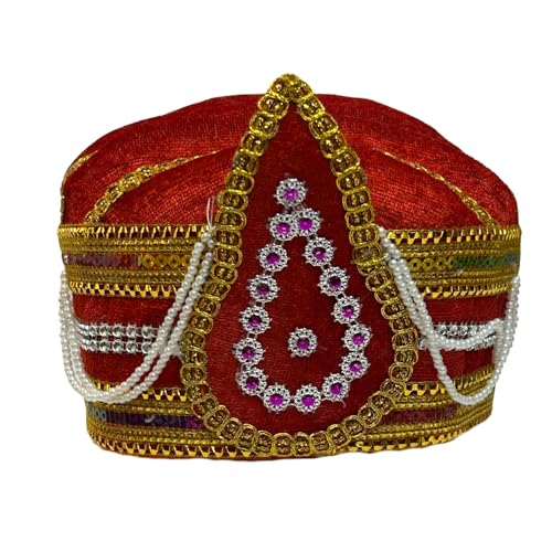 Image of Kaku Fancy Dresses Akbar Mughal King Pagdi Turban Safa Traditional Royal Headgear for Kids | Fancy Dress Costume Accessory for Historical Plays & Cultural Events - Red