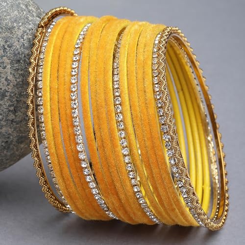 Image of ZENEME Gold-Plated Matte Finish Velvet White American Diamonds Studded Bangles Set Of 18 For Girls and Women