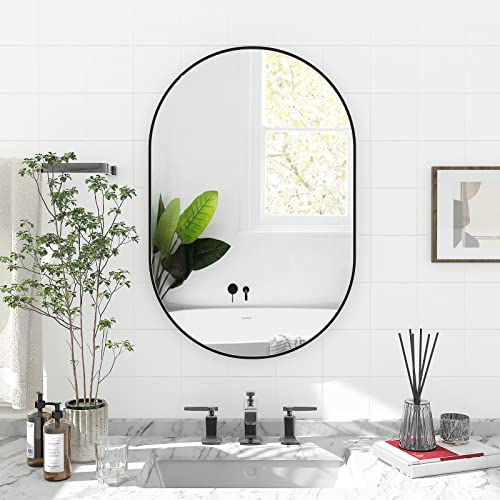 Sunslash Oval Bathroom Mirror Capsule Wall Vanity Mirror, 30"X20" Pill Mirrors Wall Mounted Mirror, Large Modern Mirror With Black Metal Frame, Decor For Entryway, Bedroom, Living Room #TOP1