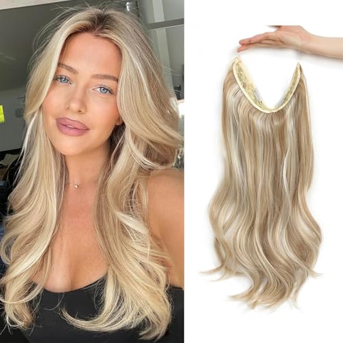 Flyroseing Body Wavy Halos Hair Extension, 18 Inch Synthetic Fiber Blonde Hair Extensions with Transparent Wire, Blonde with Highlights Hair Extensions Clip In Adjustable Size Secret Hairpiece
