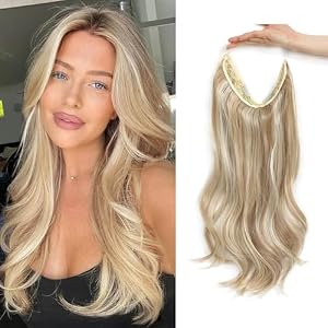 Body Wavy Halos Hair Extension, 18 Inch Synthetic Fiber Blonde Hair Extensions with Transparent Wire, Blonde with Highlights Hair Extensions Clip In Adjustable Size Secret Hairpiece