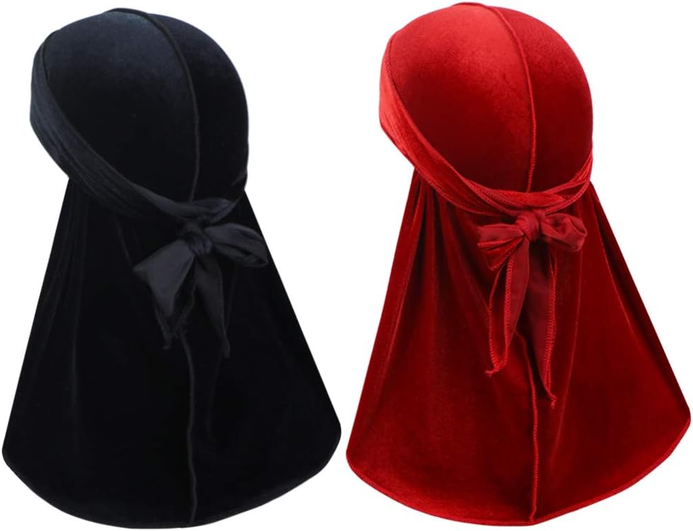 HeywhoseVelvet Men Durag –Premium Durag Cap Headwraps (2PCS) with Extra Long Tail and Wide Straps for 360 Waves