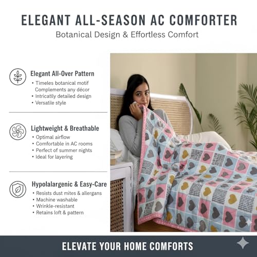 Image of IVAZA Luxury Ultrasonic Punch AC Comforter Blanket - Quilted Microfiber Floral Pattern, Lightweight Breathable All‑Season Blanket for Bedroom, Travel (Singled Bed,228x152 CM) (Pink Blue