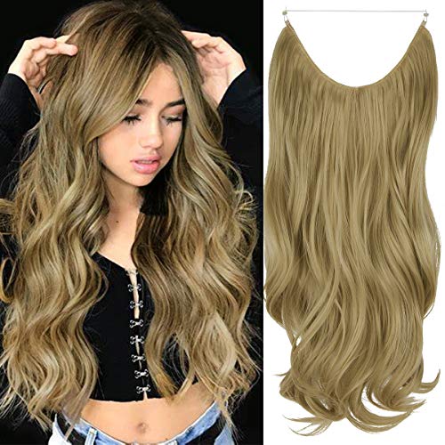 Ash Blonde Hair Extensions Curly Synthetic Hair Extensions No Clip Hair Pieces Long Thick Hairpiece for Women Adjustable Size Invisible Wire Headband Heat Resistant Fiber 20 Inch 4.4 Oz (Ash Blonde)