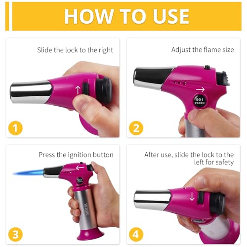 Image of TBTEEK Butane Torch T901, Kitchen Torch Cooking Torch with Safety Lock & Adjustable Flame for Cooking, BBQ, Baking, Brulee, Creme, DIY Soldering(Butane Not Included), Rose