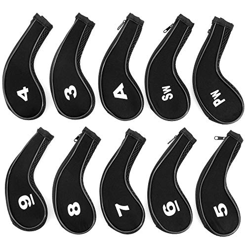 Yuhtech Fundas para palos de golf, 10 unidades, cuello largo con cremallera, fundas para palos de golf, juego de fundas de protección para Golf Club Iron Head Covers Putter Set