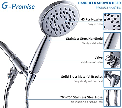 G-Promise Solid Metal High Pressure Handheld Shower Head With Extra Long Stainless Steel Hose & Brass Holder Bracket, Equipped With Flow Regulator To Control Water Pressure, Hotel Quality #TOP1