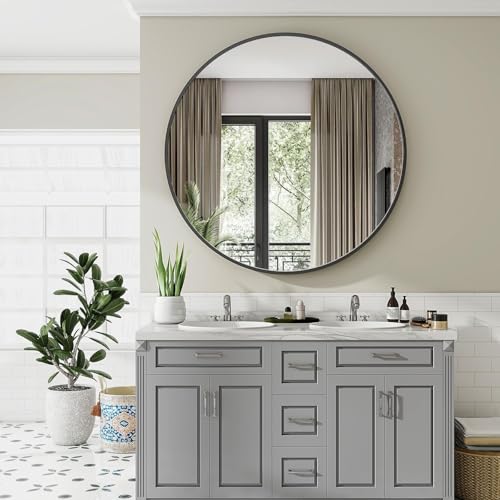 Image of VooBang Large Black Round Bathroom Mirror, 48 inch Circle Wall Mounted Hanging Mirror with Simple Modern Circular Metal Frame for Hallway, Entryway, Living Room, Black Frame