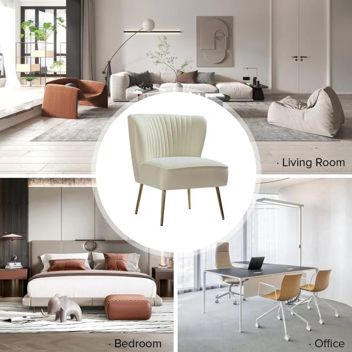 Image of Modern Upholstered Accent Velvet Chair Single Seater Channel Tufted Wing Back Chair with Golden Matel Legs for Living Room, Bedroom, Dining Room, Ivory