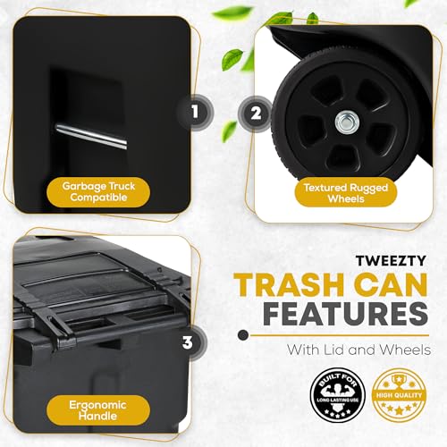 96 Gallon Heavy Duty Trash Can - Durable Plastic Garbage Bin with Lid and Wheels - Rugged Outdoor Waste Container for Residential, Commercial, Indoor, and Curbside Use