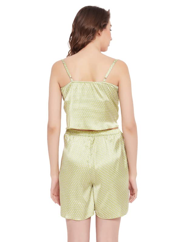 Image of Clovia Women's Satin Pretty Florals Cami Top & Shorts Set in Green