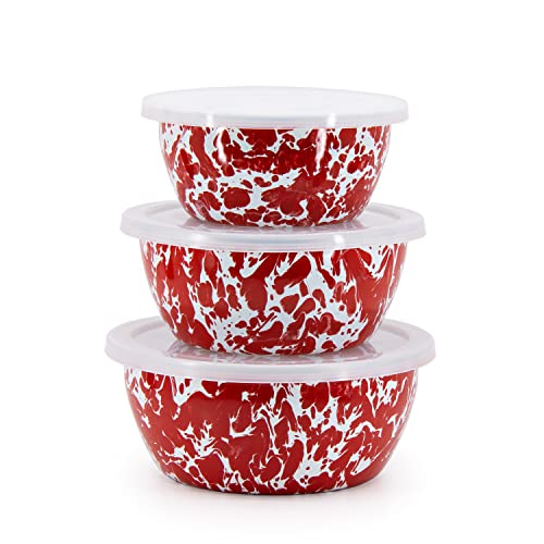 Golden Rabbit Enamelware Nesting Storage Bowls with Lids Set of 3 Red Swirl