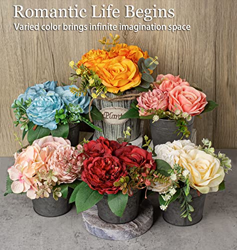 Hollyone Artificial Flowers Potted Plants Blue Fake Flower In Rustic Metal Pots Faux Plants In Pot Hydrangea Rose & Peony 3-In-1 For Home Kitchen Bathroom Table Desk Centerpiece Wedding Decor #TOP2
