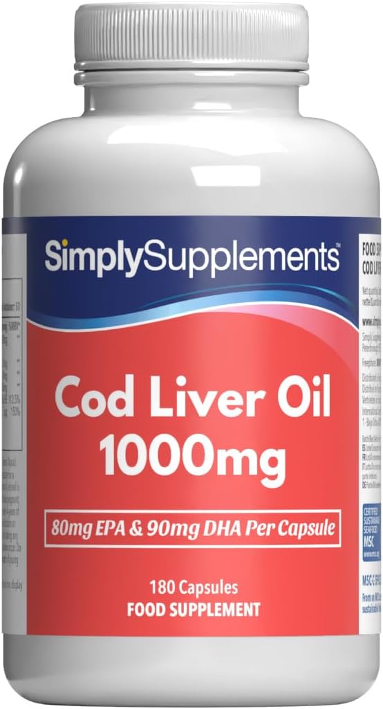 Pure Cod Liver Oil 1000mg | Supports Heart, Brain, Vision & Immune Health | Rich in Omega 3 Fatty Acids | 240mg of EPA and 270mg of DHA per Serving | 180 Capsules = 2 Months’ Supply | Made in The UK