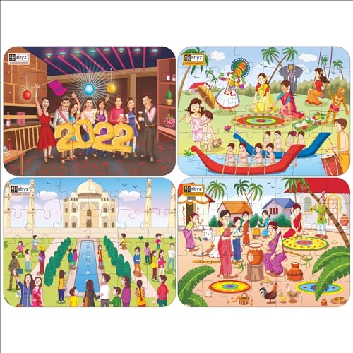 Image of ABYZ Wooden Jigsaw Taj Mahal with Crowd, New Year Celebration, Pongal, Onam Puzzle 120pcs for Kids of Age 3-5 Years, Set of 4