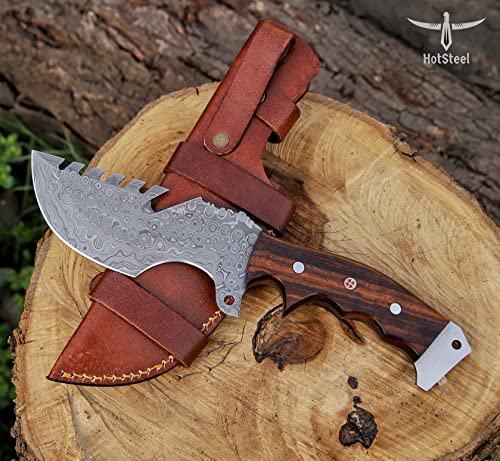 Handmade Damascus Steel Tracker Knife - Bushcraft Knife - Hunting Knife-Survival Knife-Fixed Blade Knife & Camping Knife - Camping Knives & Hunting Knives, Perfect Grip Rosewood Handle With Vertical & Horizontal Carry Leather Sheath (Damascus) #TOP5