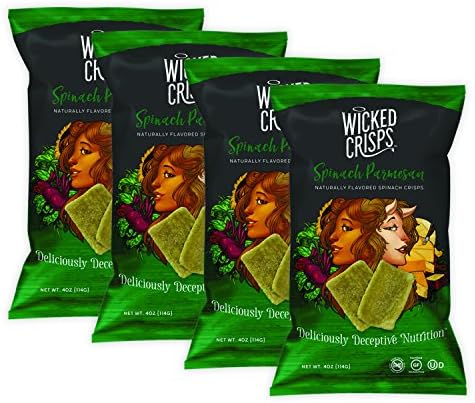 Baked Veggie Chips, Wicked Crisps - Spinach And Parmesan Cheese, Healthy Snack, Gluten-free, Low-fat, Non-GMO, Kosher, Gourmet Savory Crisps, All Natural, 4oz Bag (4 Pack)