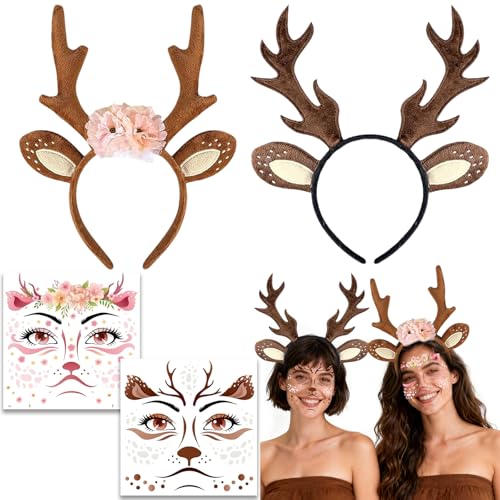 Serre-tête de Rennes,Bandeau Cheveux Renne,2 Reh Haarreif mit Geweih, Oreilles & Fleurs + 2 Reh Tatouages de visage,Bandeau oreilles de cerf de carnaval pour femme et fille