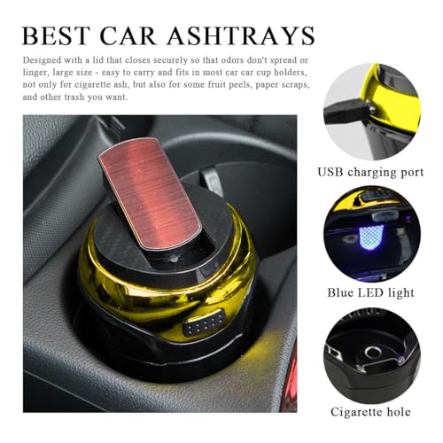 Image of KVAEY Car Ashtray with Lid, Detachable Stainless Auto Ashtray with Removable Cigarette Lighter, Universal Portable Smell Proof Ash Tray for Most Vehicle Cup Holders, Car Accessories (Gold)