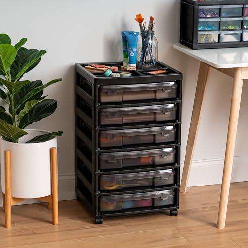Image of IRIS USA Fits 12 inch x 12 inch Paper, 6-Tier Scrapbook Rolling Storage Cart with Organizer for Stationery Vinyl Tools Office Art and Craft Supplies, Yarn, 6 Cases w /Built in Handle - Gray
