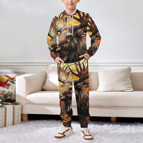 Boys Girls Sweatshirt Set 2 Piece Pullover Hoodie Kid Jogger Sweatpants, Moose Stained Glass Art3
