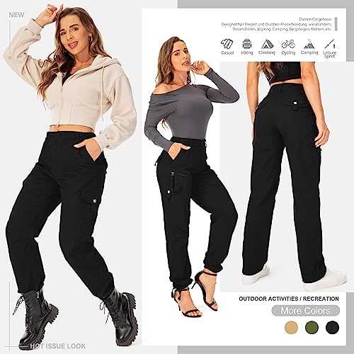 yeyity Cargohose Damen Hosen Multi Taschen Wanderhose Outdoorhose Baumwolle Arbeitshose Jogginghose Relaxed-Fit Trekkinghose Militär Hose Streetwear(Black,2087,40)