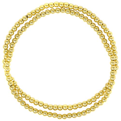 Women Teen Fashion Silver Gold Stainless Steel 2pcs Set Natural Bead (Gemstone) & Crystal Glass Bead CCB Ball Stretchable Elastic Bracelet (Solid 3mm - Gold)