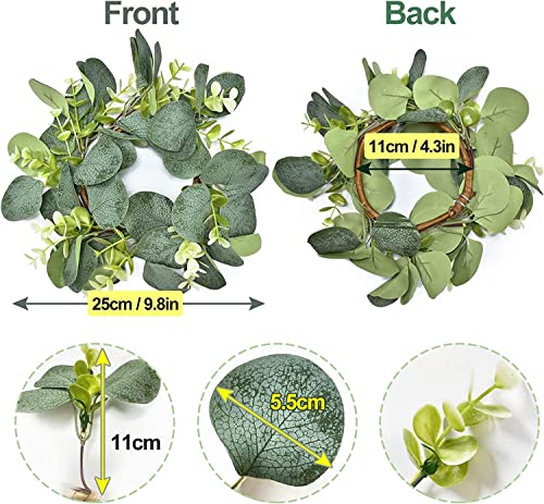 Candle Rings, 4 Pcs Artificial Eucalyptus Leaves Candles Rings For Boho Pillars Candleholders Wreaths, Small Greenery Candle Wreath For Thanksgiving Halloween Christmas Home Decor, 4" Id / 9.8" Od #TOP1