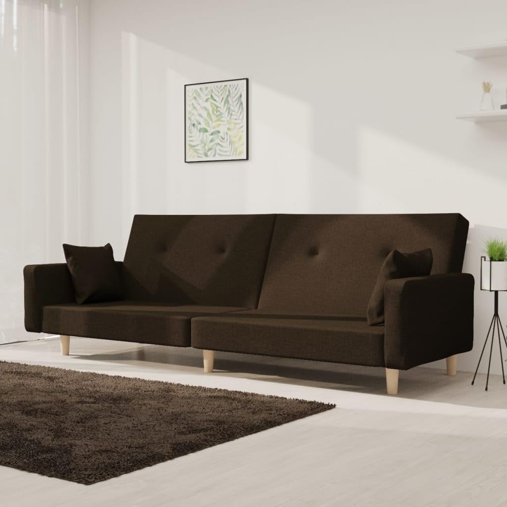 Sofá cama plegable de 2 plazas con 2 cojines en color marrón oscuro, sofá cama con marco de madera resistente para salón y oficina, sensación cómoda gracias a su funda de tela transpirable