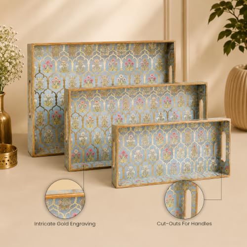 Image of Wooden Serving Tray Set of 3 Waterproof MDF Decorative Trays for Tea, Coffee & Breakfast | Floral Jharoka Design Multipurpose Dining Table Tray Set for Kitchen & Home Decor