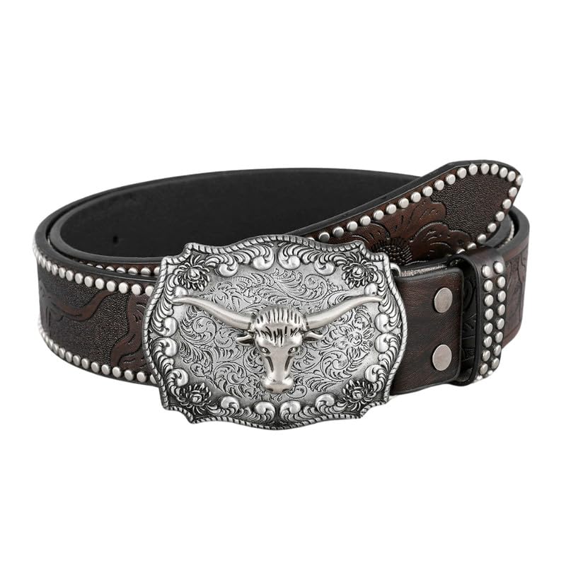 mippo Western Cowboy Leather Belt | Floral Engraved Longhorn Bull Head Buckle, Durable Alloy Buckle for Men & Women-picture-23
