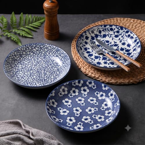 Image of Ceramic Pasta Plate, 20.4 cm Porcelain Dinner Plates, Microwave & Dishwasher Safe, Food Grade Ceramic, Deep Serving Plate for Pasta, Salad, Soup, Curry & Noodles (blue-and-white RANDOM MIX, PACK OF 4)