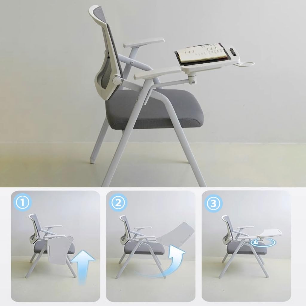 Sedia Pieghevole da Ufficio con Scrittorio, Sedia da Conferenza con Bracciolo e Portabicchieri, Sedia da Allenamento Portatile per Scuola e Casa, Grigio Arancione