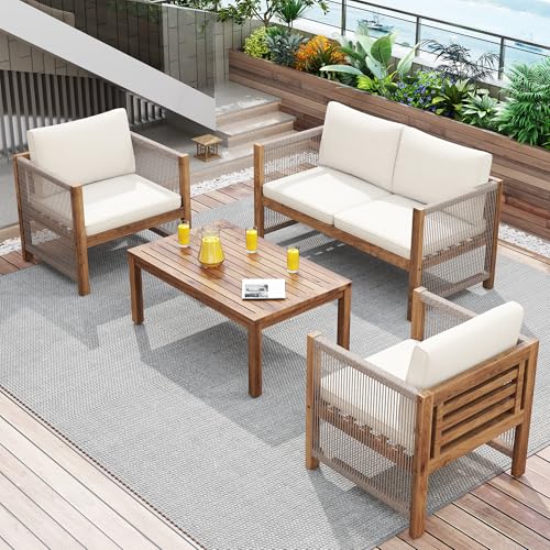 Yihomfy Ensemble de Meubles de Jardin pour 4 Personnes - Canapé 2 Places, 2 Fauteuils et Table Basse, Design Rotin Tressé, Structure en Acacia - pour...