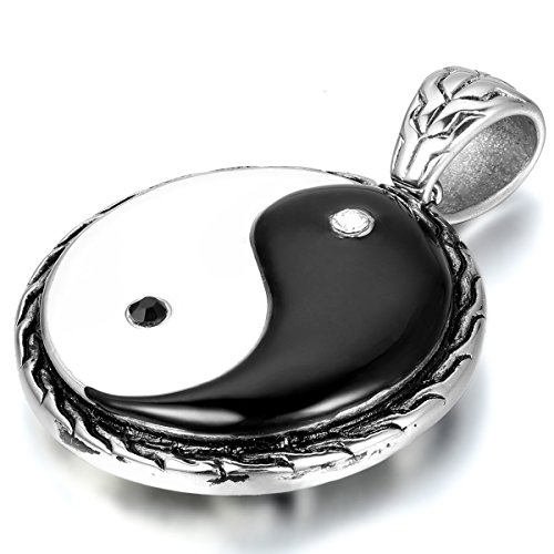 JewelryWe Pendentif Collier Homme Tai Chi Ba Gua Yin Yang Vintage Acier Inoxydable Fantaisie Couleur Blanc Noir Longueur 55cm avec Sac Cadeau