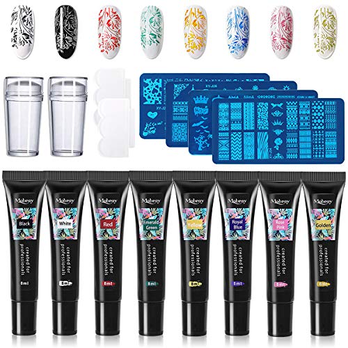 Beauty Star 8 Colors Nail Stamping Gel Polish 8ml + 4pcs Nail Stamping Templates + 2 Stampers with 2 Scrapers, Nail Art Stamping Kit Polish Stamper and 36 Design Scraper Nail Plate Print Manicure Tool