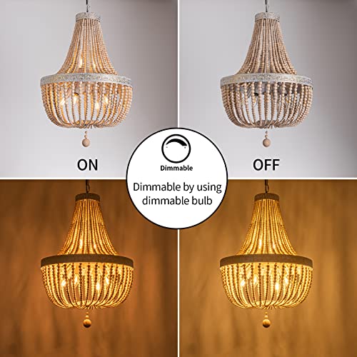 6-Lights Farmhouse Boho Wood Bead Chandelier,Modern Natural Wooden Beaded Pendant Light Fixture,E12 Adjustable Pendant Lighting for Dining Room Living Room Bedroom