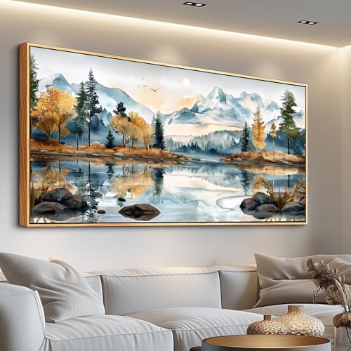 ERQINHUA Large Canvas Wood Framed Abstract Wall Art Living Room Wall Decor for Bedroom Office Decoration Watercolour Paint Tree Lakeside Landscapes Picture Artwork Home Decor Ready to Hang 30x60 In