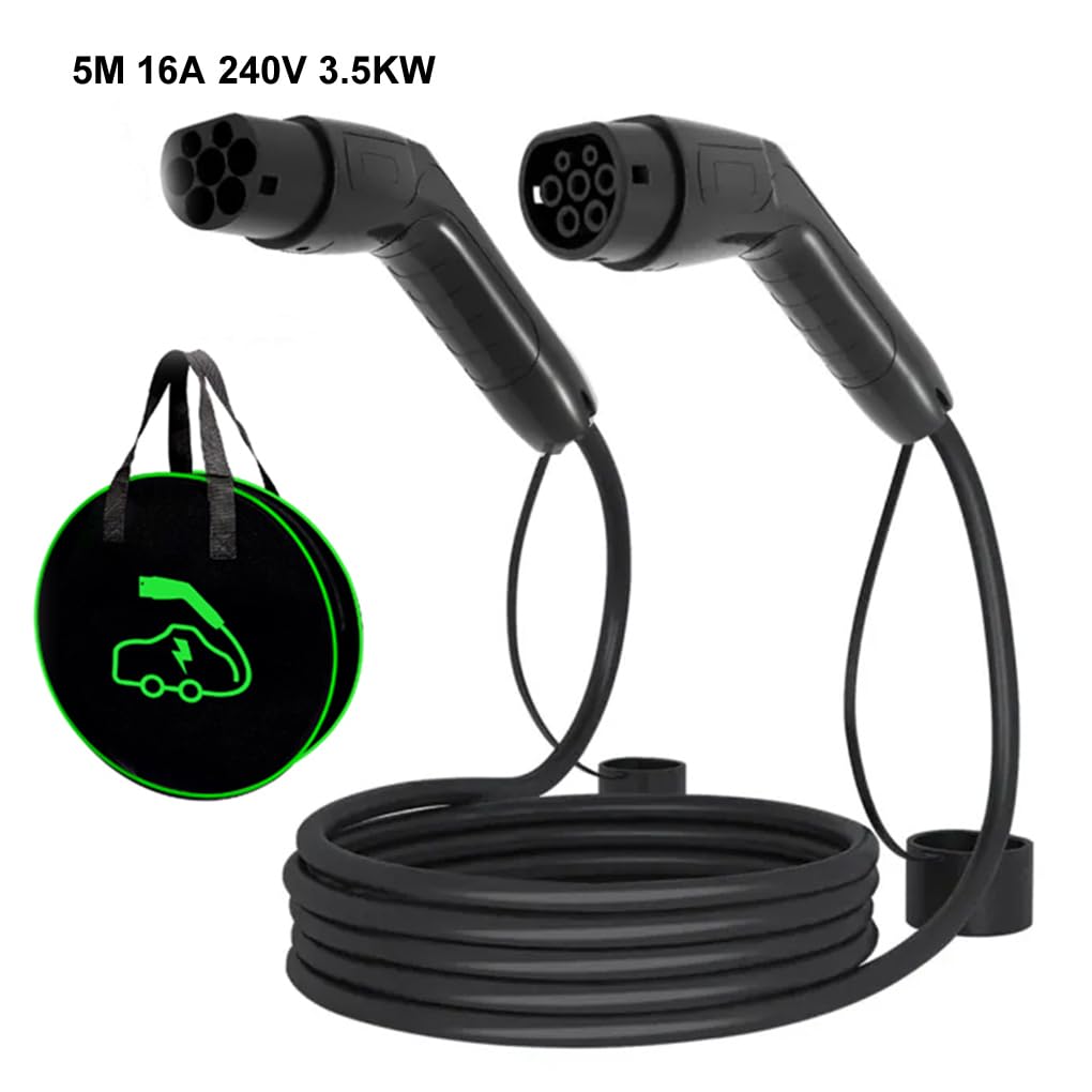 Cable de Carga fiable para vehículos eléctricos, 5M 16A 3.5KW Negro 1P | carga tipo 2 a EV práctico, completo con bolsa de viaje. Extensión para EV con bolsa de transporte.