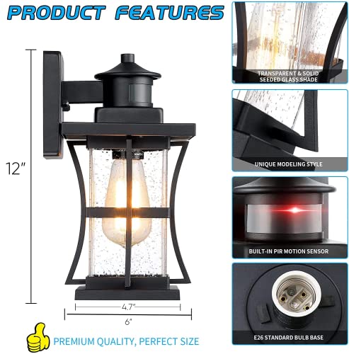 Image of Motion Sensor Outdoor Wall Lights Fixture, Advanced Dusk to Dawn Exterior Lighting, Outside Light for House, Garage, Anti-Rust Waterproof Front Porch Lanterns Fixtures Wall Mount, Seeded Glass, Black