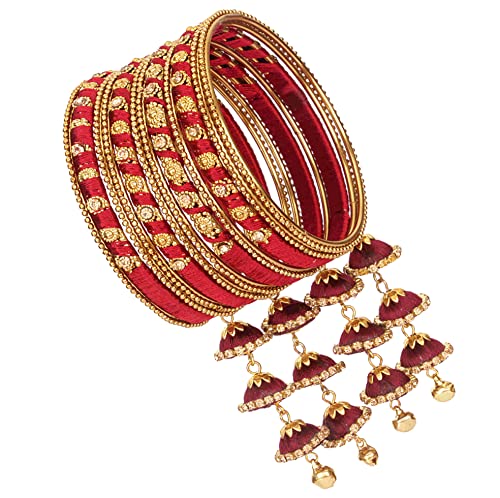 Image of NMII Metal & Silk Thread Jhumka Zircon Latkan Stylish Bangles Set For Women's and Girls | Women's Fancy Latkan Bangles Set | Ethnic Fashion Jewellery- Set of 12 Bangle, (G405 Marron-2.8(2.8))