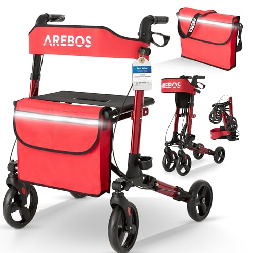 Arebos Caminador Andador Aluminio | con Ruedas | 136 kg | Rojo | Altura regulable | Incluye Soporte para baston