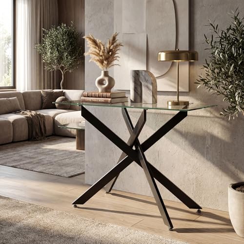 SOARS Table Console en Verre Trempé, Table d’Entrée Transparent, Pieds Tubulaires en Métal Chromé Réglables, Design Moderne, pour Salon, Couloir 115 x...