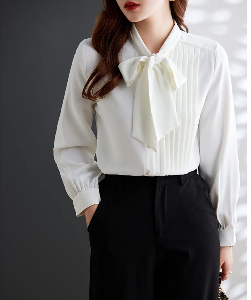 MIDJ Damen-Hemd Mit Knopfleiste,Damen Elegant Fliege Ausschnitt Vorne Falten Oberteile Shirt Weiß Satin Tunika Shirt Langarm Chiffon Bluse Shirt Lässige Büro Business Bluse Für Mädchen Damen