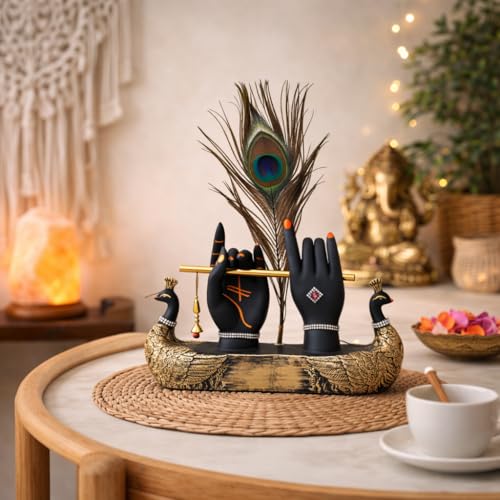 Image of Krishna Hand with Flute & Peacock Feather Idol for Home Decor Gift, Office & Living Room, Peacock Showpiece with Flute, Lord Laddo Gopal Figurine Murlidhar, Kanhaiya, Makhan Chor, Diwali Decoration