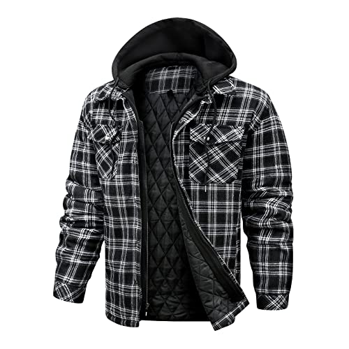 CHEXPEL Flannel Jackets for Men Long Sleeve Plaid Shirt Jacket Quilt Lined Hooded with Button Down Winter Coat