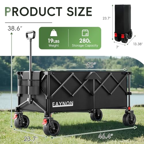 Image of 46 inch L Collapsible Foldable Extended Wagon, 500LB Weight Capacity with 280L Heavy Duty Folding Cart,Utility Wagon with All-Terrain Beach Wheel & Drink Holders,Black